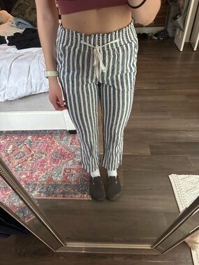 Striped Drawstring Linen-Blend Pants in Navy and White